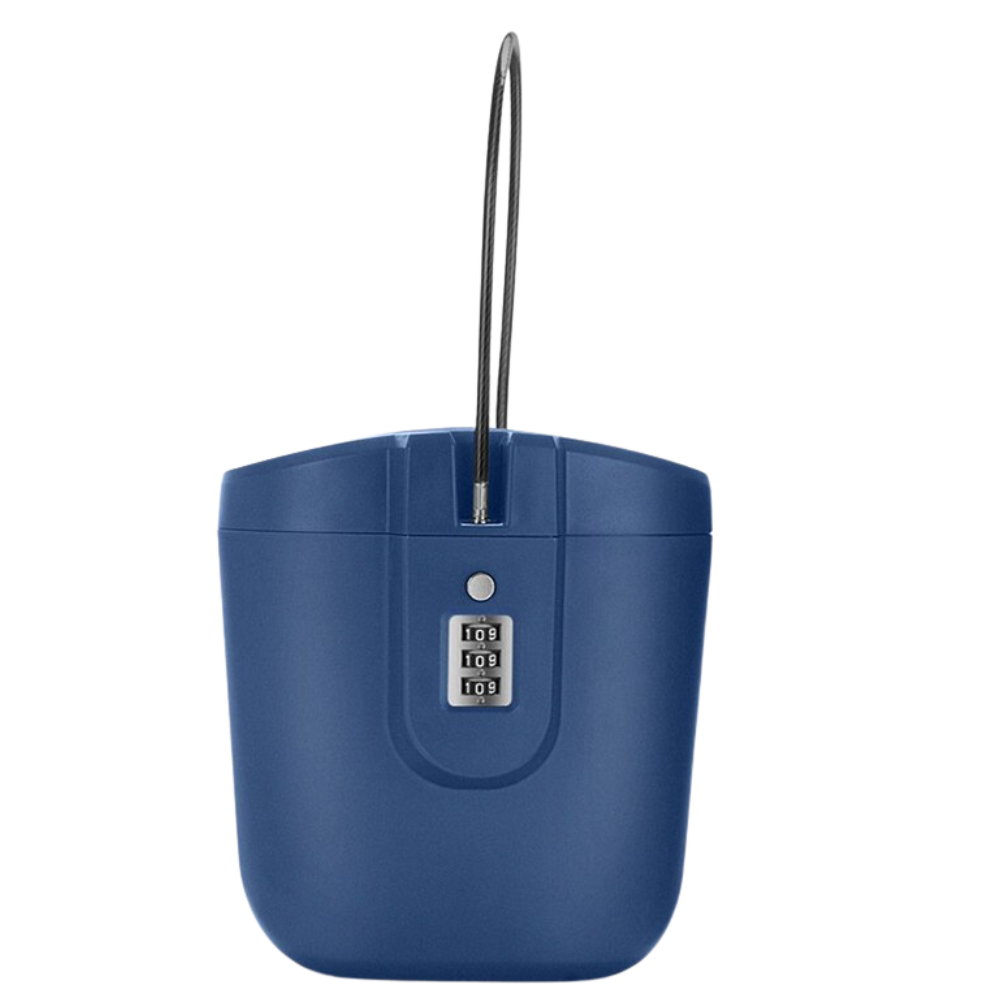 Coffre-fort portátil Safego com alça azul, resistente para armazenamento seguro de objetos pessoais.