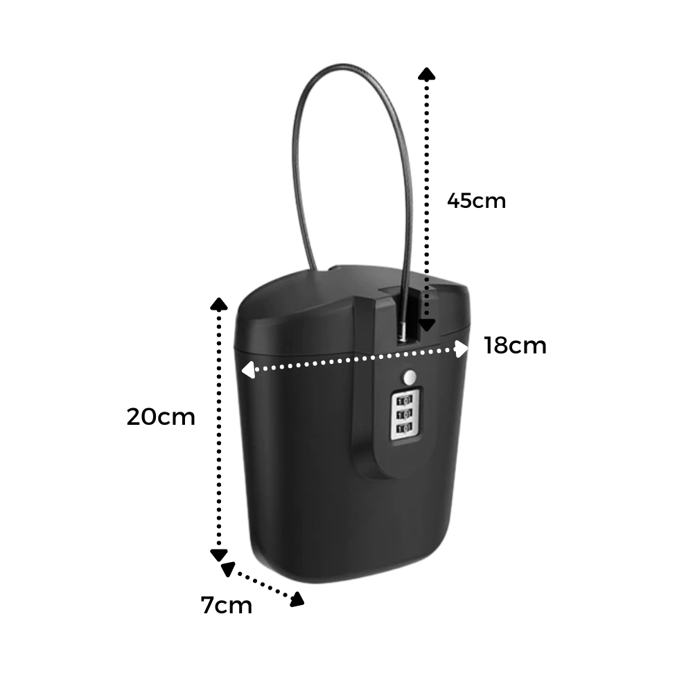 Coffre-fort portátil Safego com alça, corpo resistente e trava de segurança para armazenamento seguro de objetos pessoais.