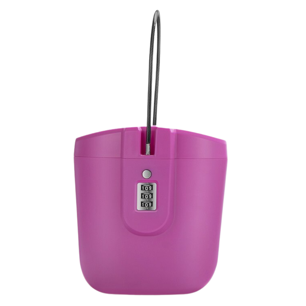 Coffre-fort portátil Safego com alça, cor rosa, resistente para segurança de objetos pessoais em viagens ou uso diário.