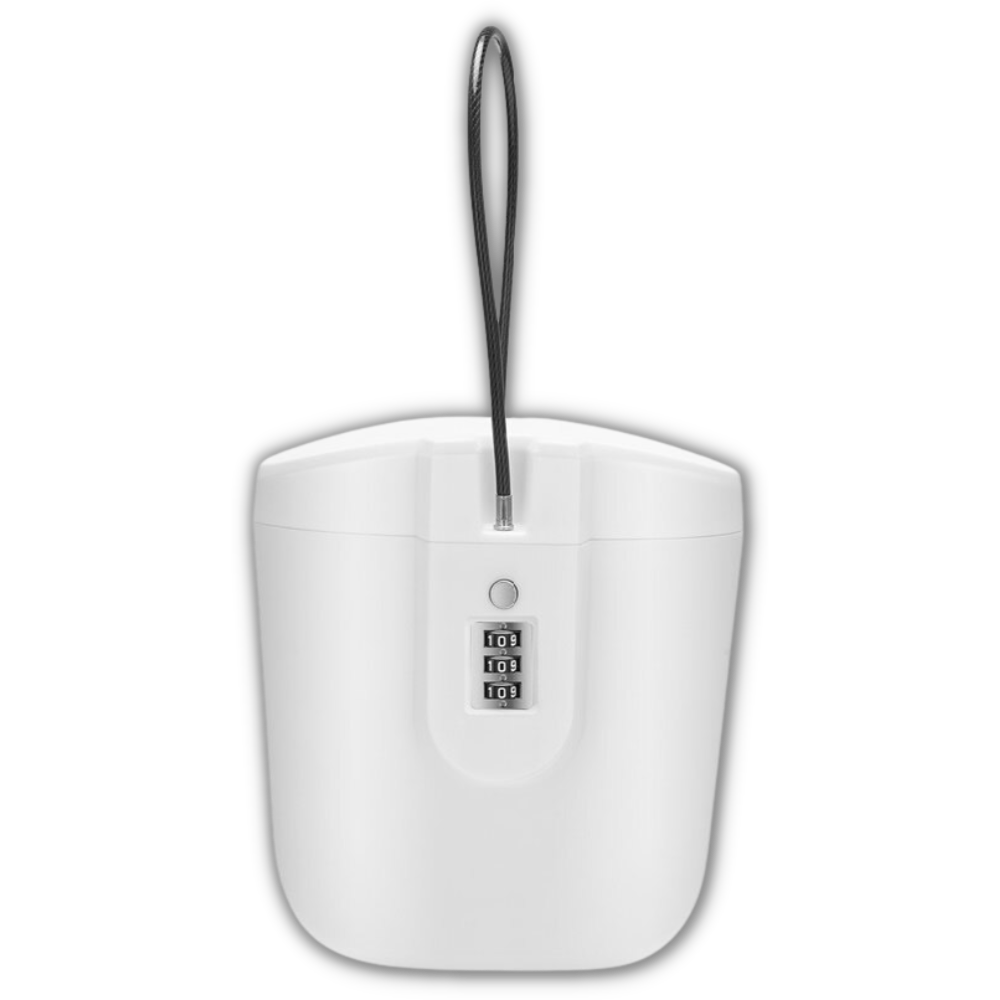 Cofre-fort portátil Safego com alça, corpo branco resistente para armazenamento seguro de objetos pessoais.