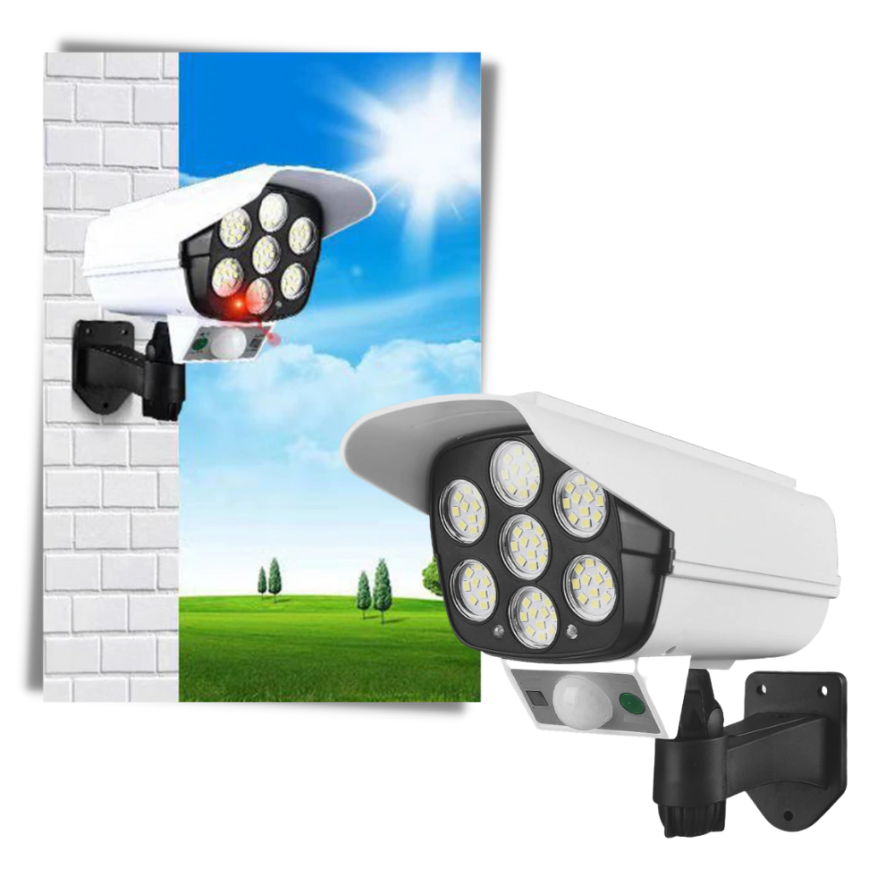 Lâmpada de segurança LED solar com sensor de movimento, design compacto e eficiente para iluminação externa.