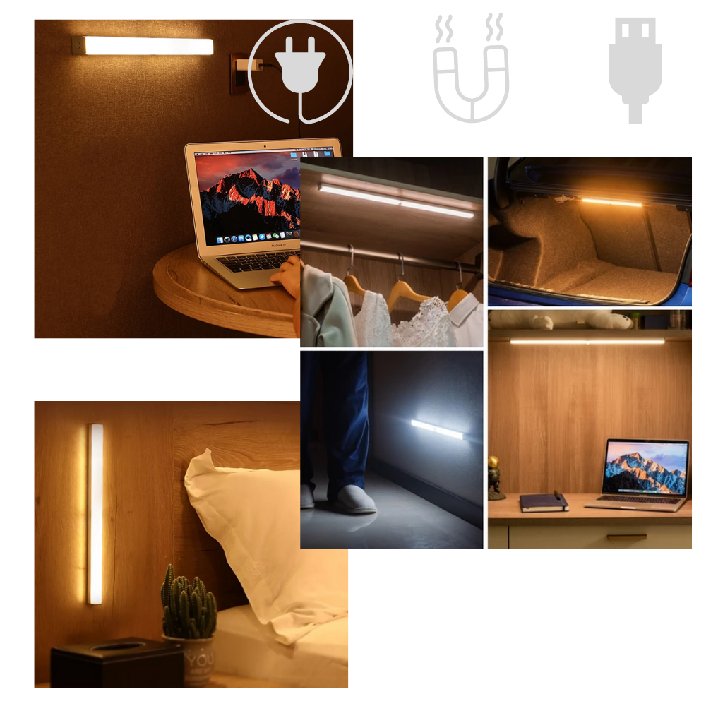 Luminária LED magnética Seenda com detector de movimento, iluminação branca brilhante e design compacto para ambientes internos.