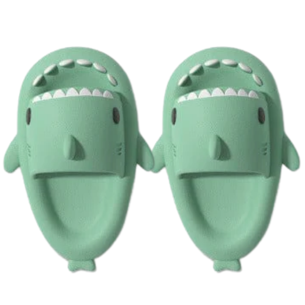 Chinelos de praia em forma de tubarão da marca Jianda, cor verde escura, com detalhes que parecem um requin.