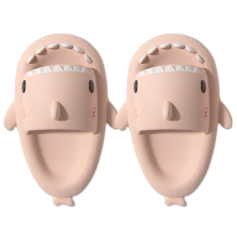 Chinelos de praia Jianda em formato de tubarão rosa, com detalhes de escamas e boca aberta, confortáveis e divertidos para o verão.