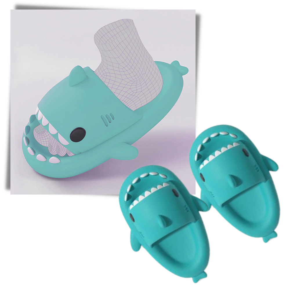 Chinelos de praia em formato de tubarão da marca Jianda, com design antiderrapante e confortável para uso na areia e na água.