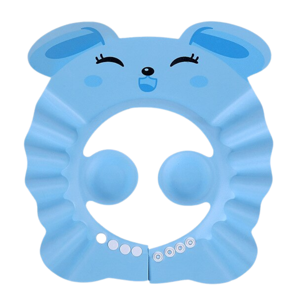 Touca de banho azul com coelho para crianças, protege os ouvidos durante o banho, feita pela Xiaocheng.