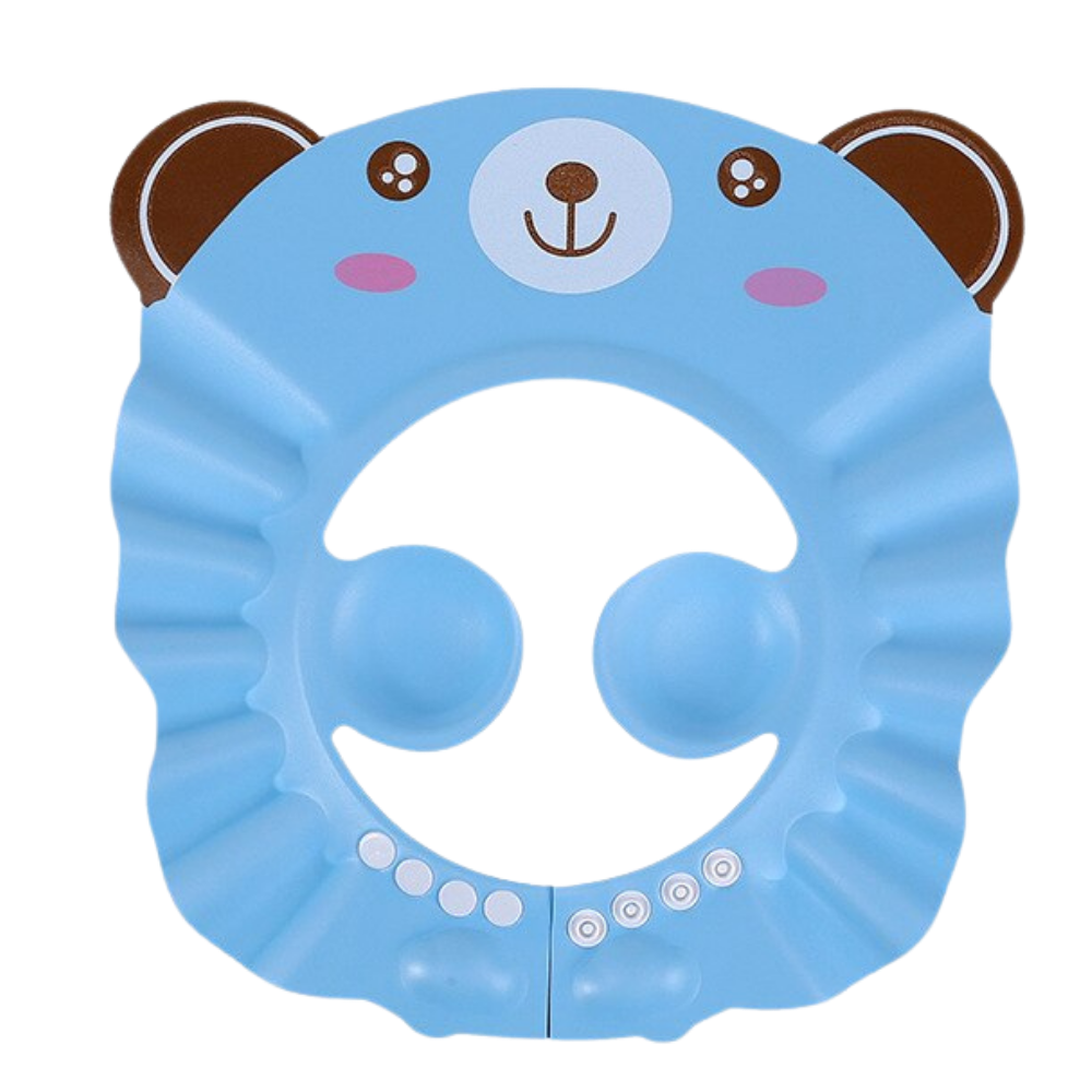 Touca de banho azul com urso para crianças, protetor de orelhas, feita pela Xiaocheng, ideal para proteger durante o banho.