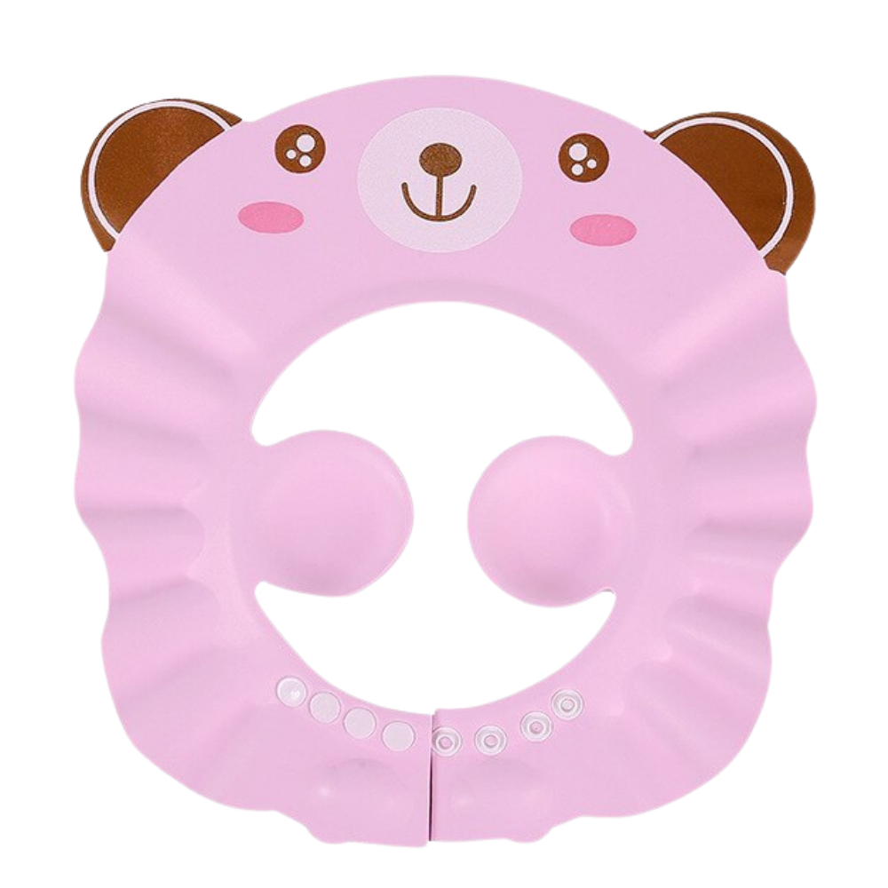Touca de banho rosa com orelhas de urso para crianças, feita pela Xiaocheng, protege os ouvidos durante o banho.