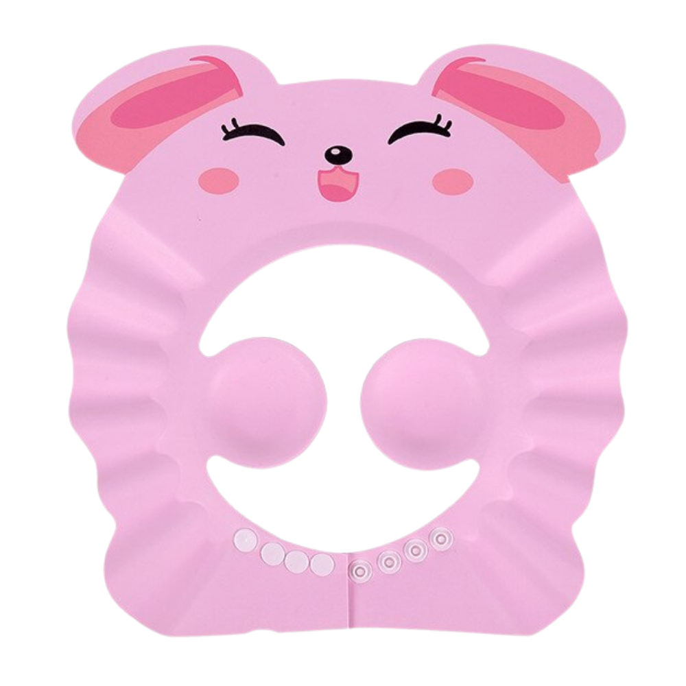 Touca de banho infantil rosa com orelhas de coelho, protetor de ouvido e casquinha para banho da Xiaocheng.