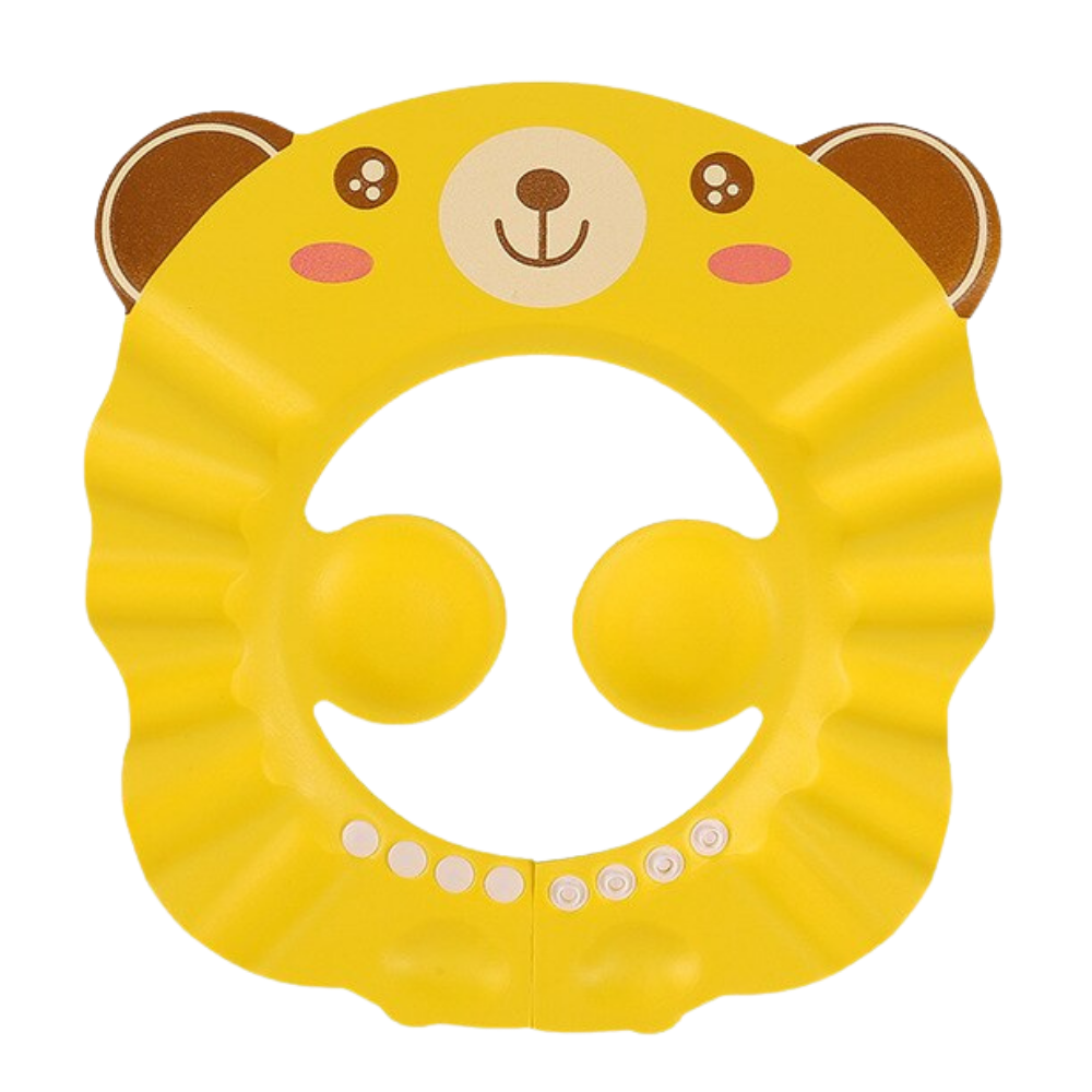 Touca de banho infantil Xiaocheng com proteção para orelhas, em amarelo com desenho de ursinho, ideal para banho seguro e confortável