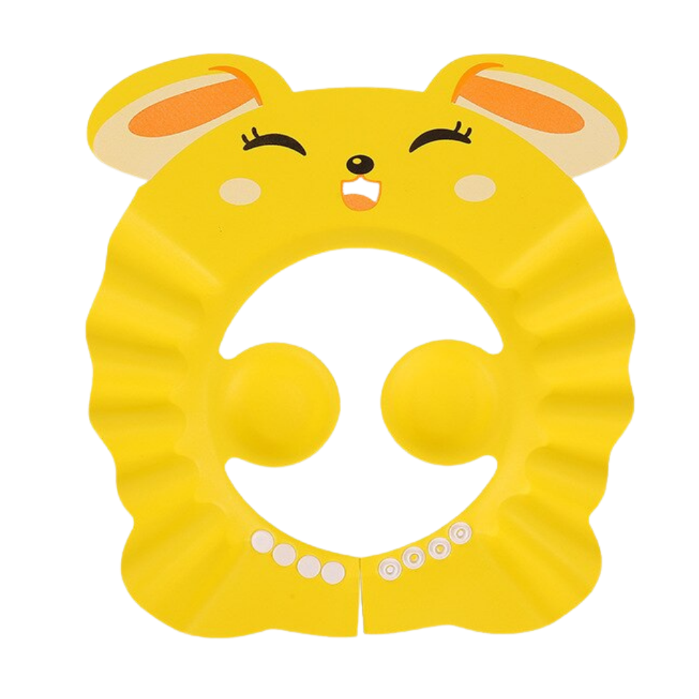 Touca de banho infantil Xiaocheng com proteção para os ouvidos, design de coelho amarelo para crianças.
