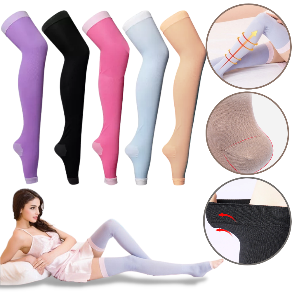 Meia-calça de compressão modeladora da Dcdeal, em tom neutro, visível na imagem, ideal para modelar pernas e aumentar o bem-estar.