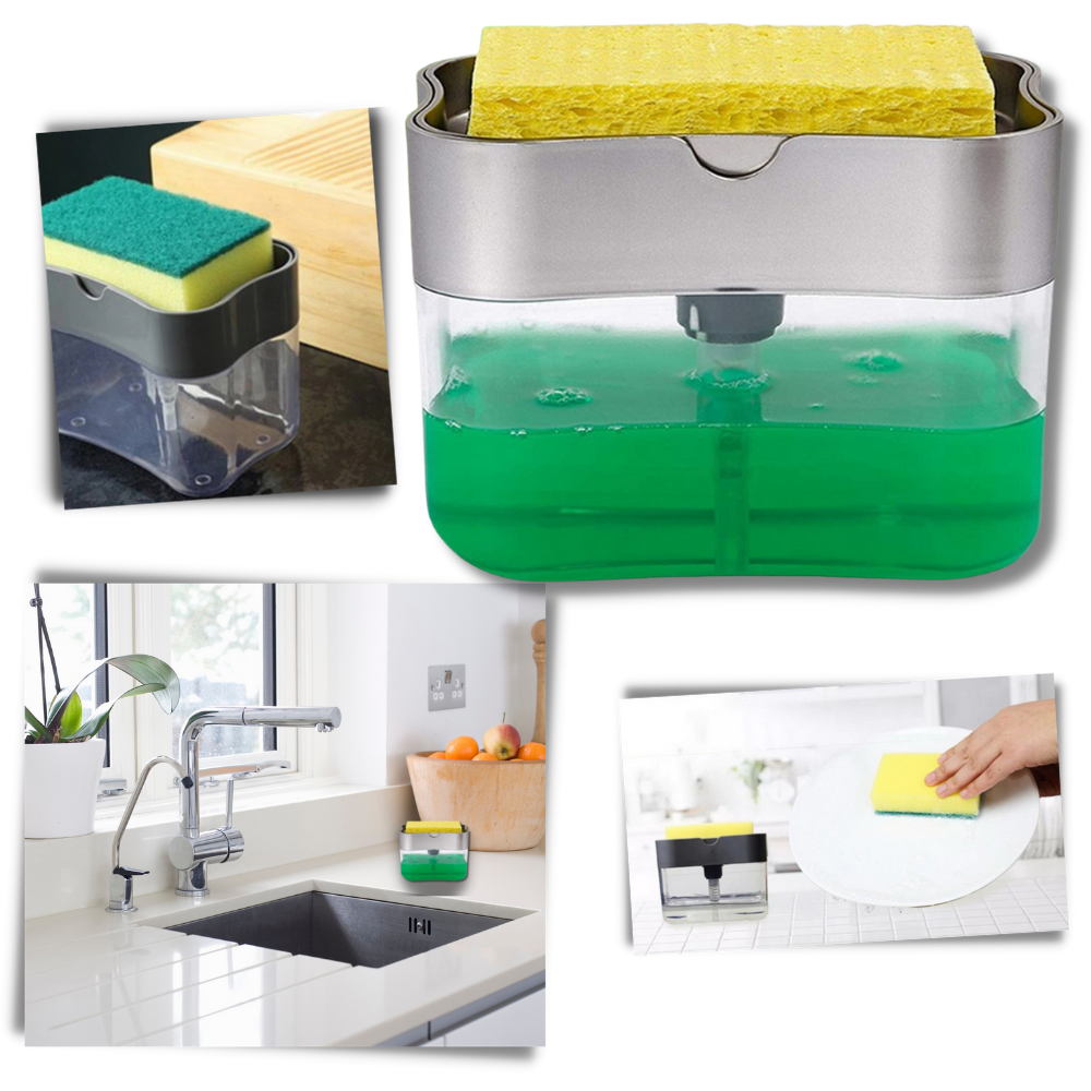 Distributeur de detergente de cozinha Doubleking com porta-esponja, design compacto e funcional para lavar louças.