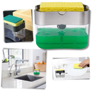 Distributeur de detergente de cozinha Doubleking com porta-esponja, design compacto e funcional para lavar louças.