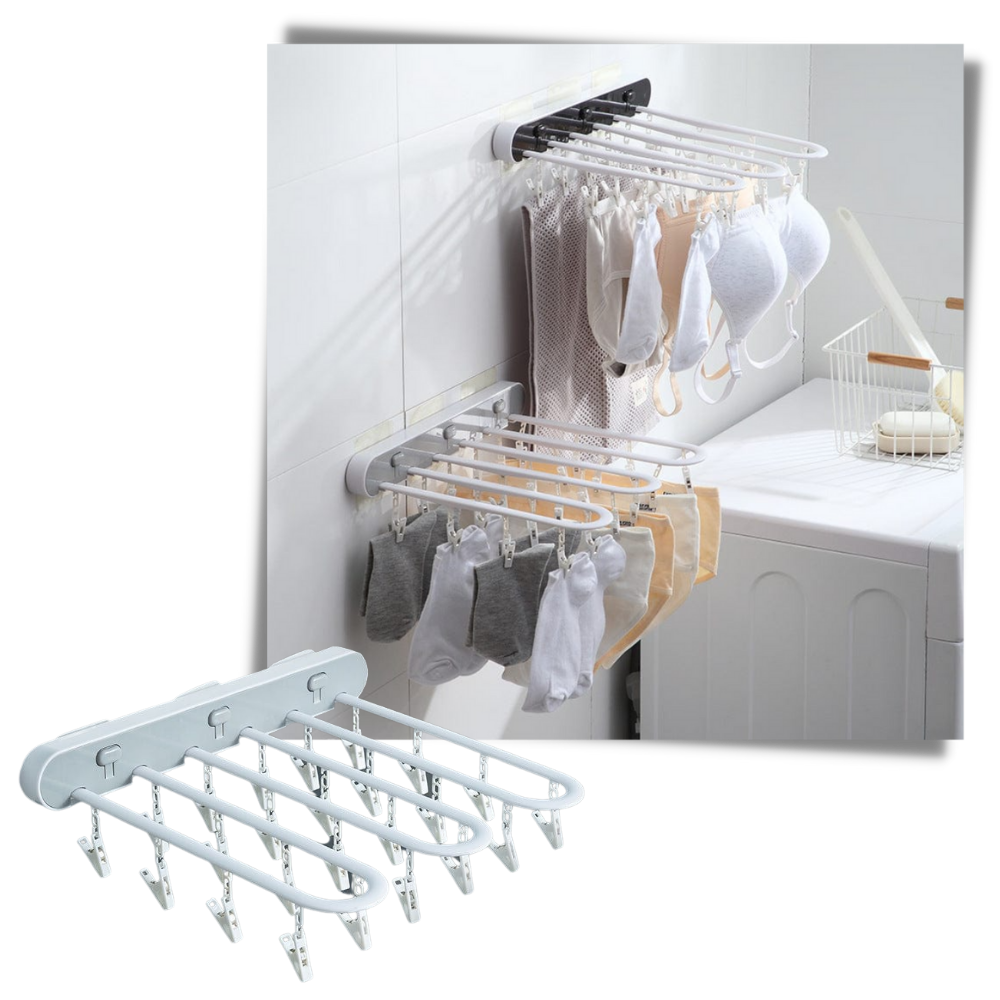 Organizador de roupas de parede Erthree para armazenamento e secagem de roupas, com cabides e espaço para roupas.