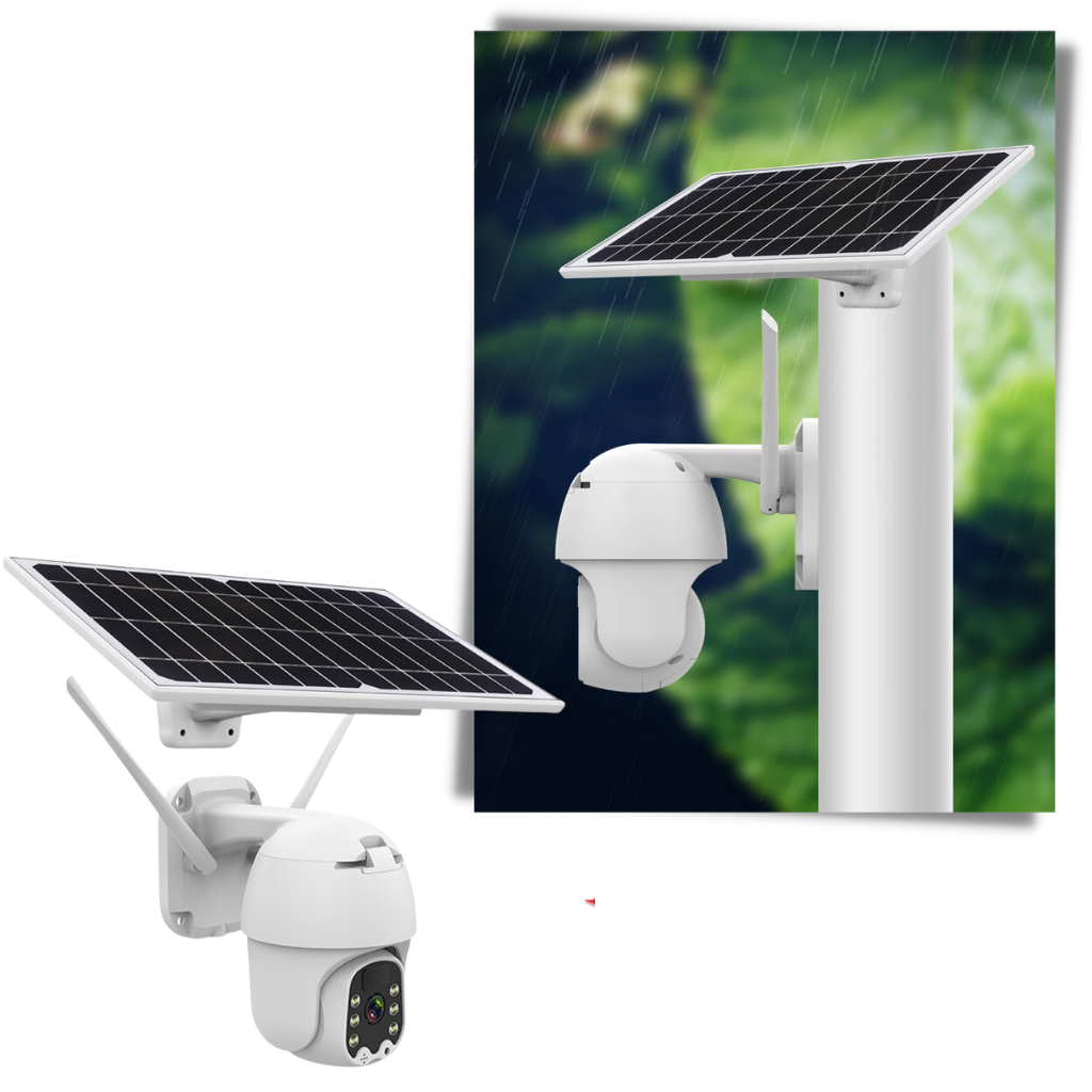 Câmera de vigilância externa à energia solar da Yzhm, feita com materiais de alta qualidade, instalada ao ar livre.