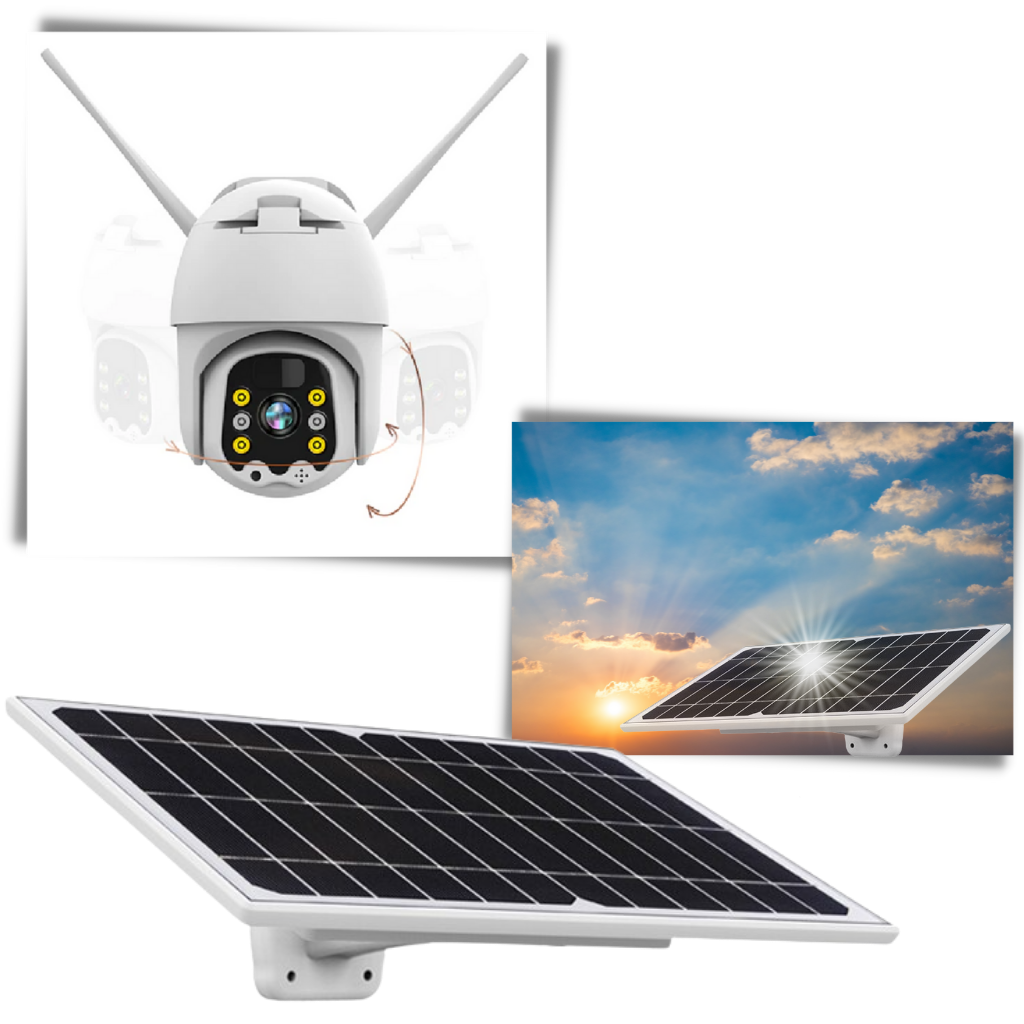 Câmera de vigilância externa à energia solar Yzhm com lente grande angular e proteção contra intempéries.