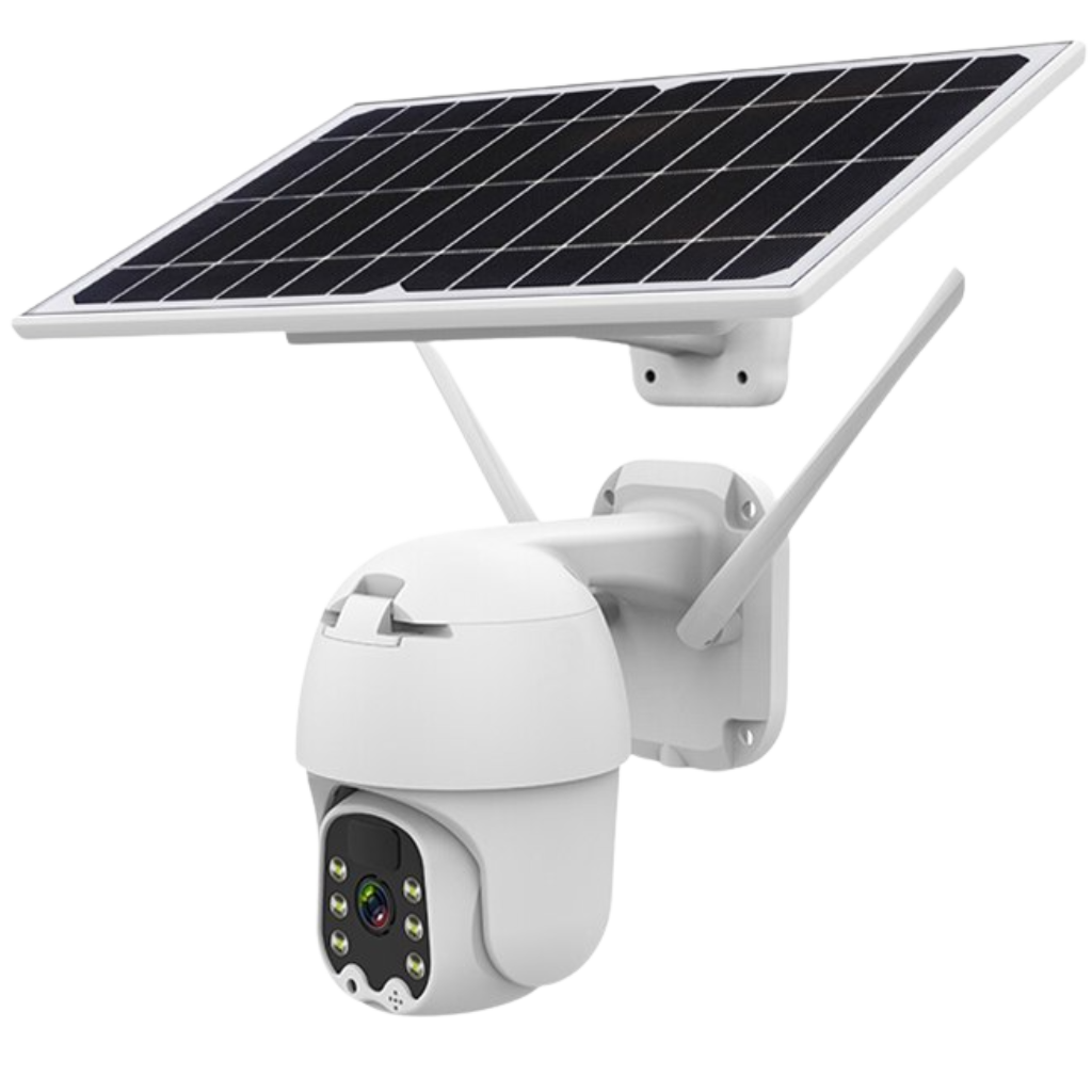 Câmera de vigilância externa à energia solar Yzhm com lente grande angular e suporte de parede, para monitoramento ao ar livre.