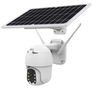 Câmera de vigilância externa à energia solar Yzhm com lente grande angular e suporte de parede, para monitoramento ao ar livre.