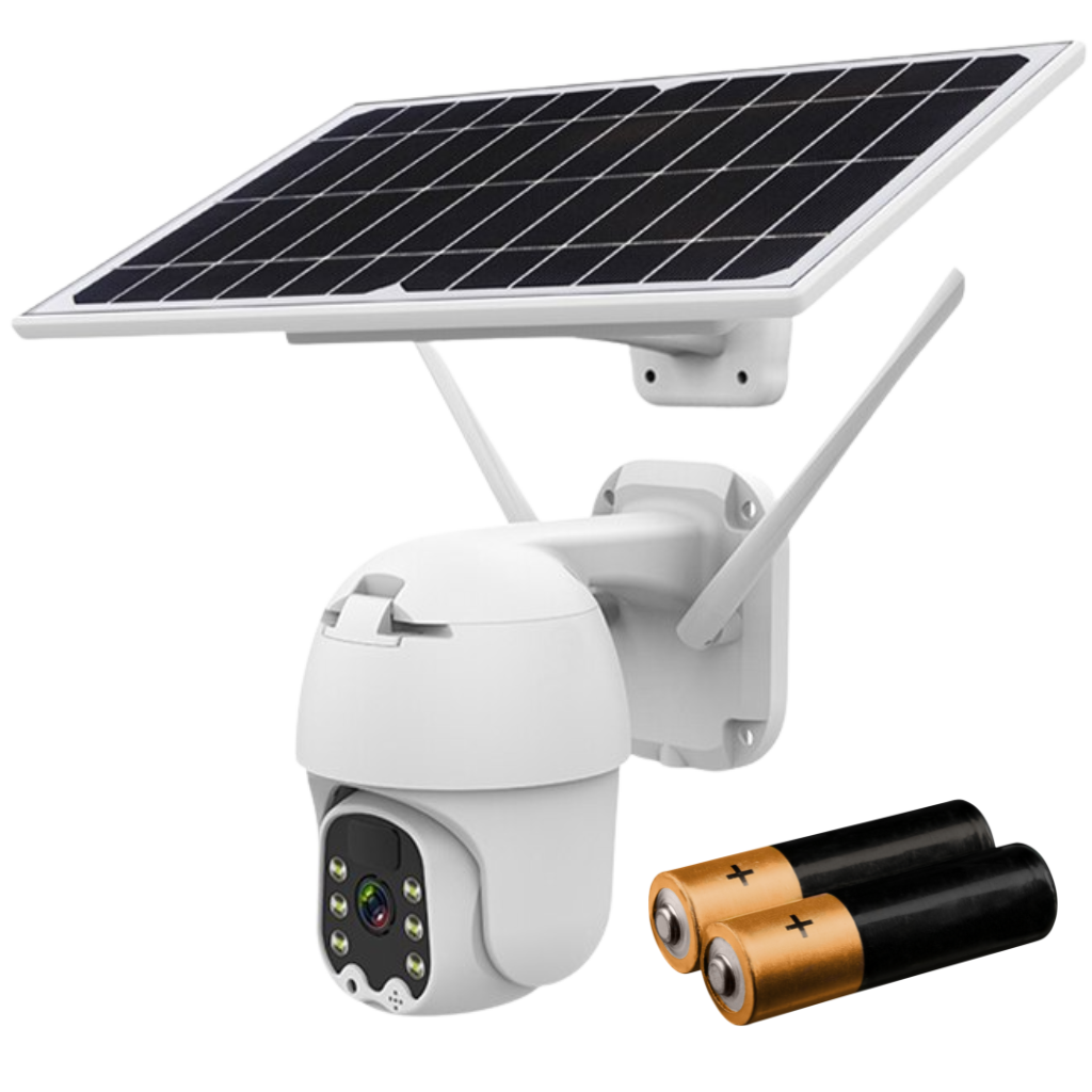Câmera de vigilância externa Yzhm com energia solar, Wi-Fi e bateria, instalada em parede para monitoramento ao ar livre.