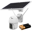 Câmera de vigilância externa Yzhm com energia solar, Wi-Fi e bateria, instalada em parede para monitoramento ao ar livre.