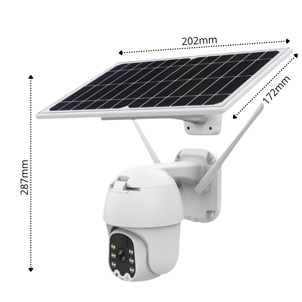 Câmera de vigilância externa Yzhm com energia solar, lente grande angular e design resistente às condições climáticas.