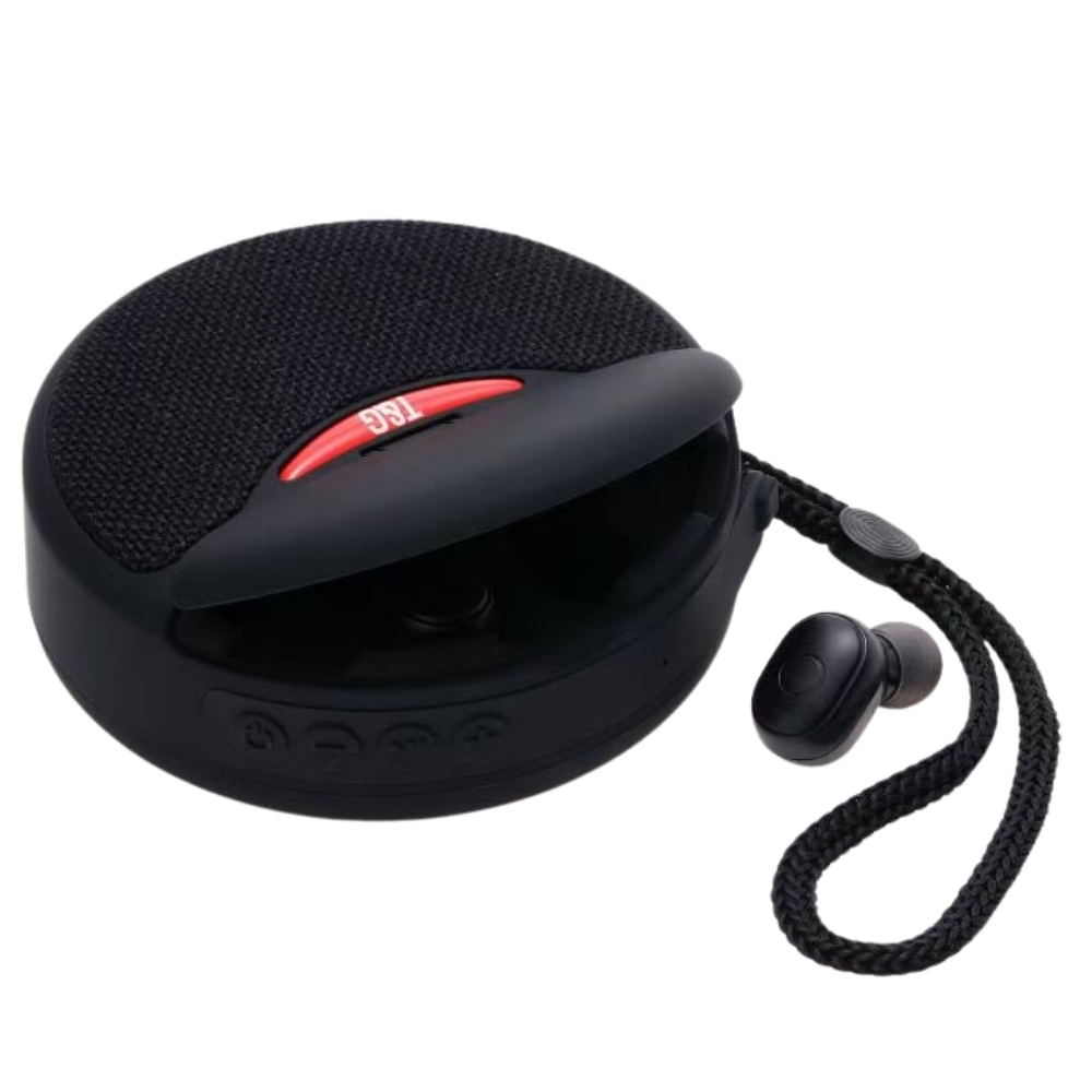 Haut-parleur Bluetooth sem fio com fones de ouvido Imestou, componentes de áudio preto, visível na imagem.