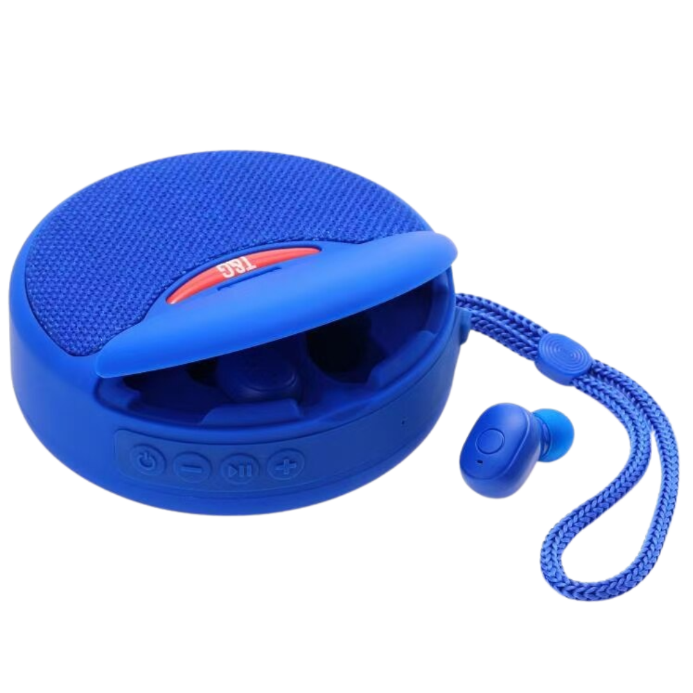Fones de ouvido Bluetooth sem fio Imestou com suporte de áudio, mostrados na imagem azul.