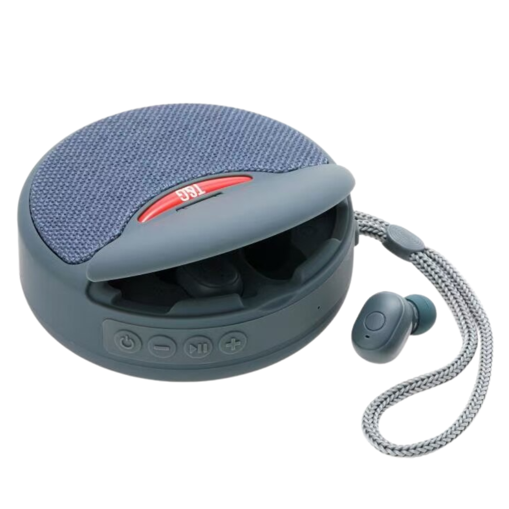 Fones de ouvido Bluetooth sem fio Imestou com caixa de carregamento em cinza, componentes de áudio para som portátil e confortável.