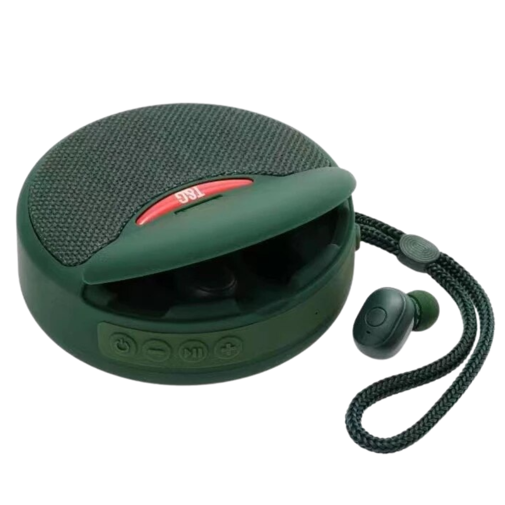 Fones de ouvido com fio Bluetooth Imestou, componentes de áudio, com design verde e caixa de carregamento compacto.