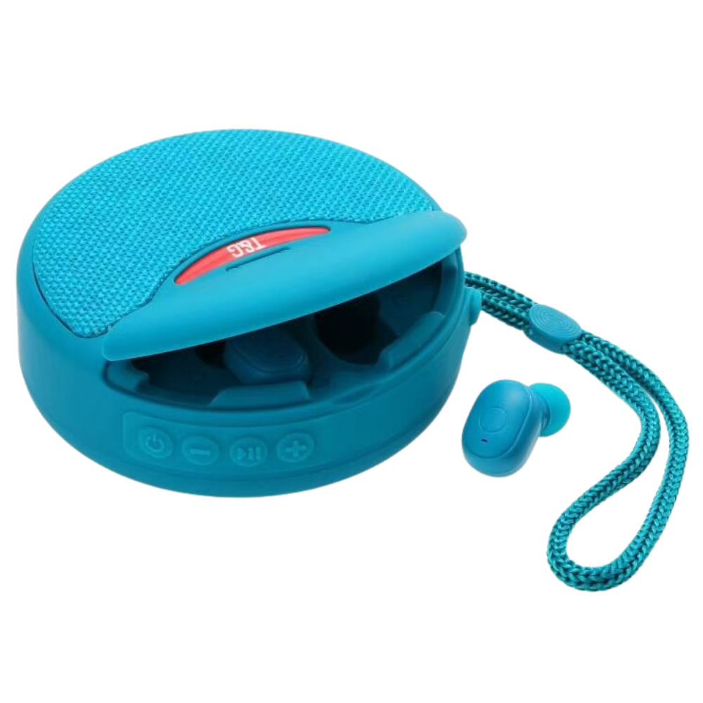 Fones de ouvido Bluetooth sem fio Imestou com estojo de carregamento em azul claro, componentes de áudio portáteis e leves.