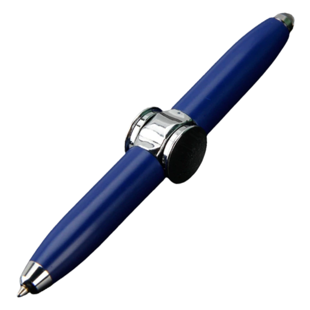 Caneta esferográfica spinner azul da Amuver, instrumento de escrita e desenho com design giratório e detalhes modernos.