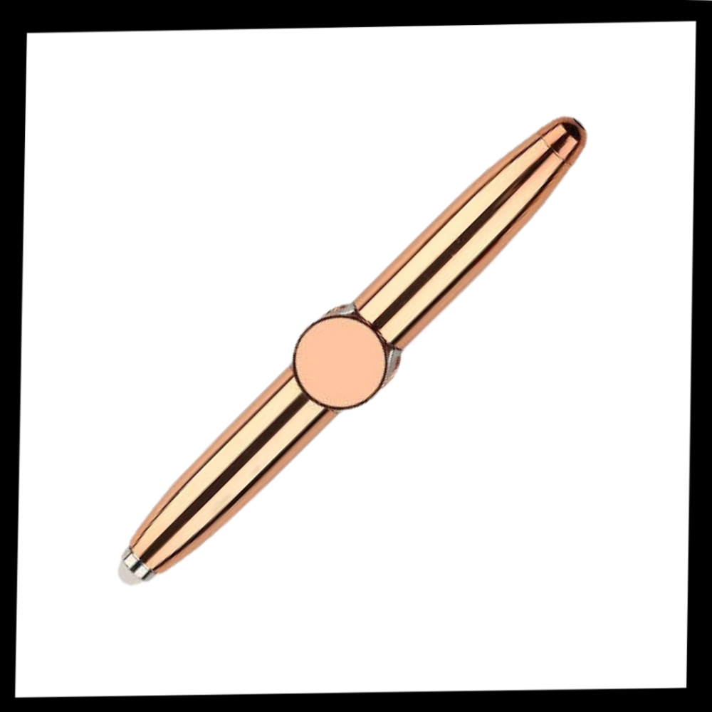 Caneta esferográfica spinner da marca Amuver, instrumento de escrita com design giratório e mecanismo de rotação.