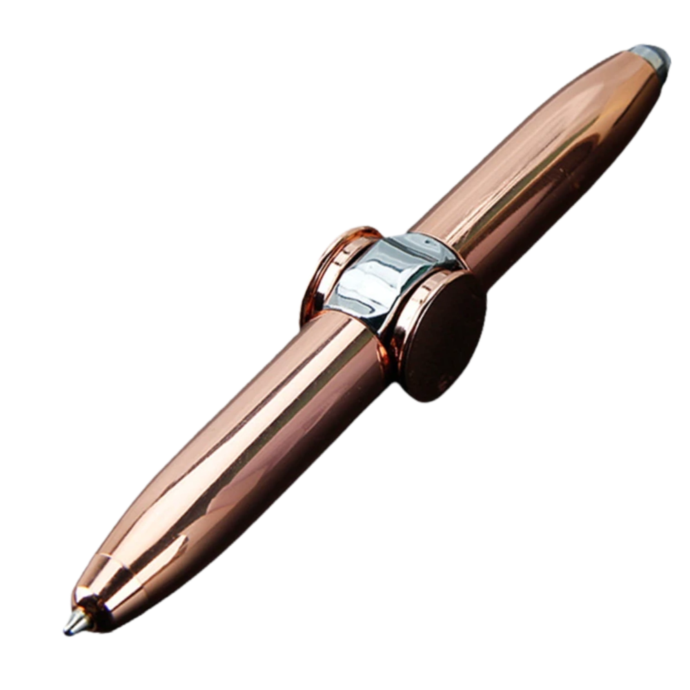 Caneta esferográfica spinner rosa dourada da marca Amuver, instrumento de escrita com efeito giratório e design elegante.
