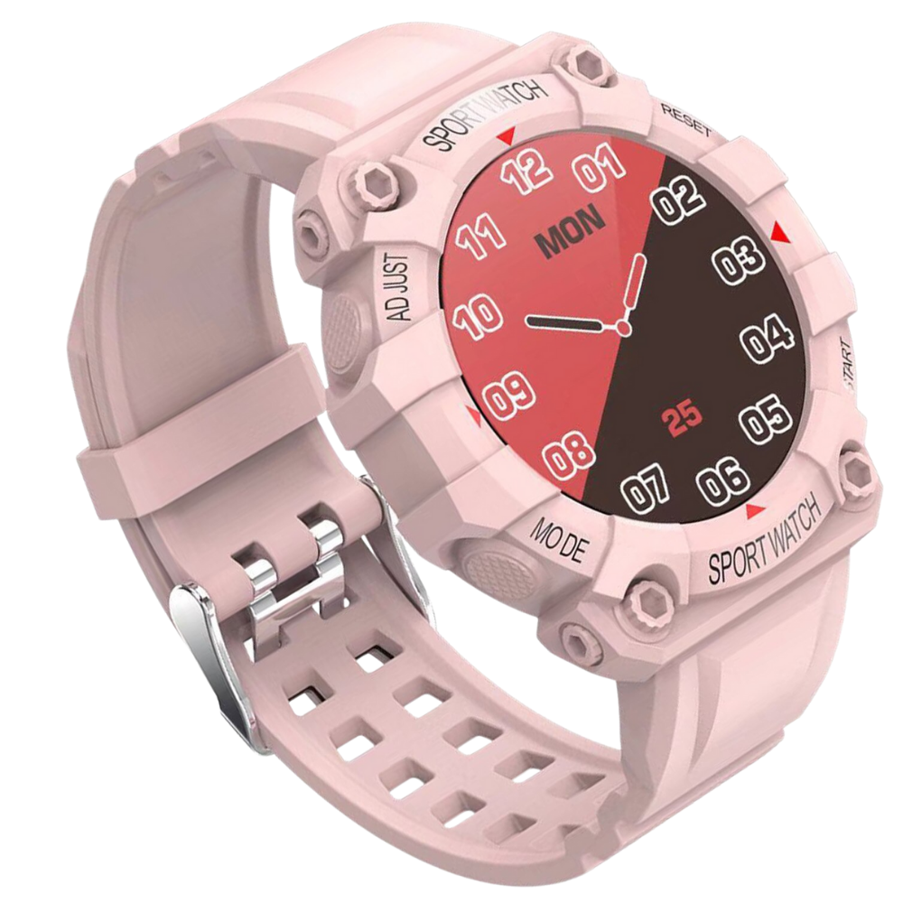Relógio esportivo inteligente Eastjing com pulseira rosa, visor digital e monitor de atividades físicas.