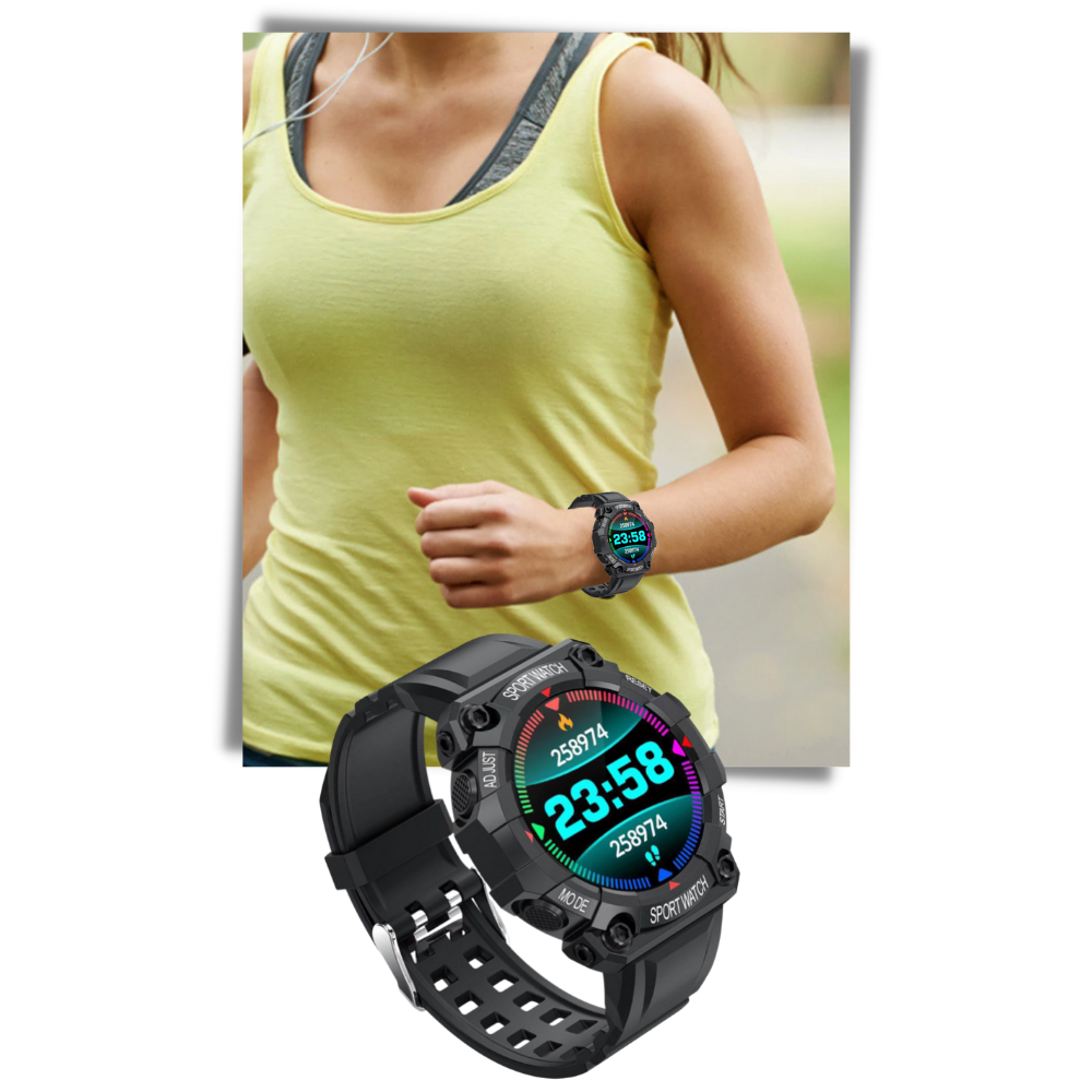 Relógio esportivo inteligente Eastjing com pulseira portátil, visor digital e funções de monitoramento de atividades físicas.