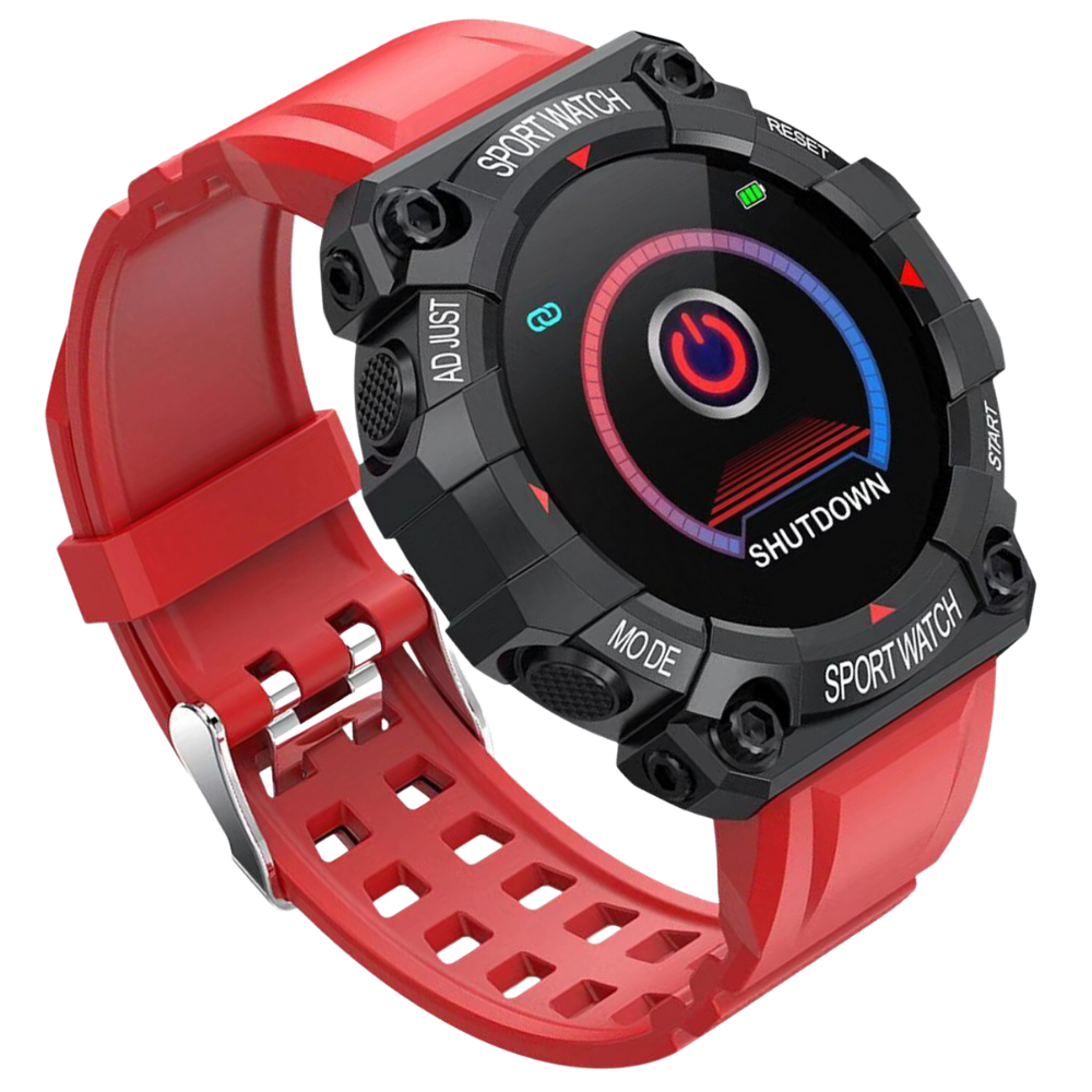 Relógio esportivo inteligente Eastjing com pulseira vermelha, visor digital e funções de monitoramento de atividades físicas.