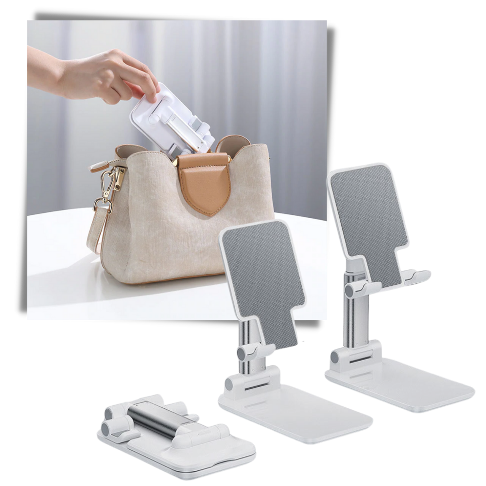 Suporte universal para telefone Yszodd, dobrável e portátil, apoiando smartphone em superfície plana.