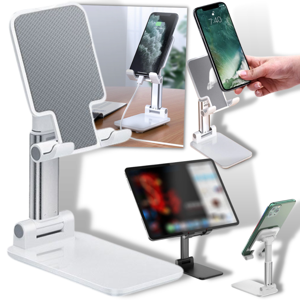 Suporte universal para telefone Yszodd, ajustável, em plástico preto, segurando um smartphone em posição vertical.