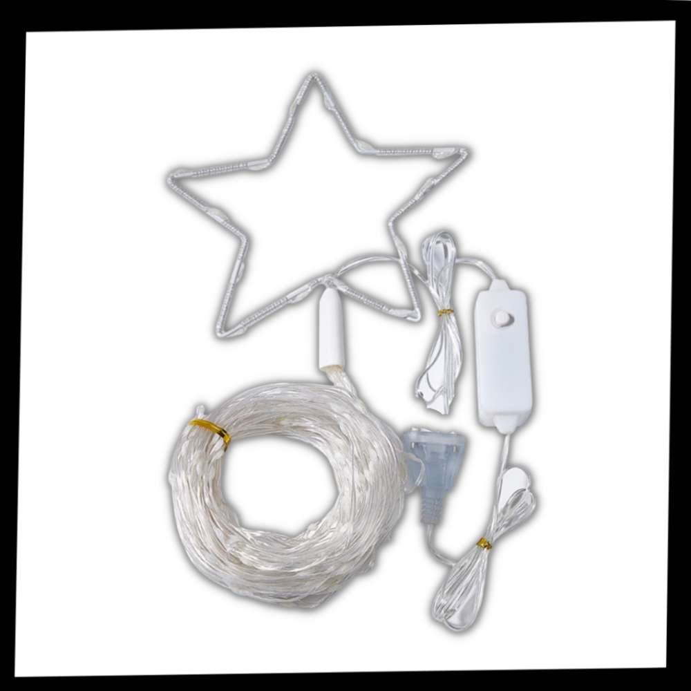 Guirlanda de luz de Natal em cascata da Lexi com fios brilhantes e pequenas lâmpadas decorativas.