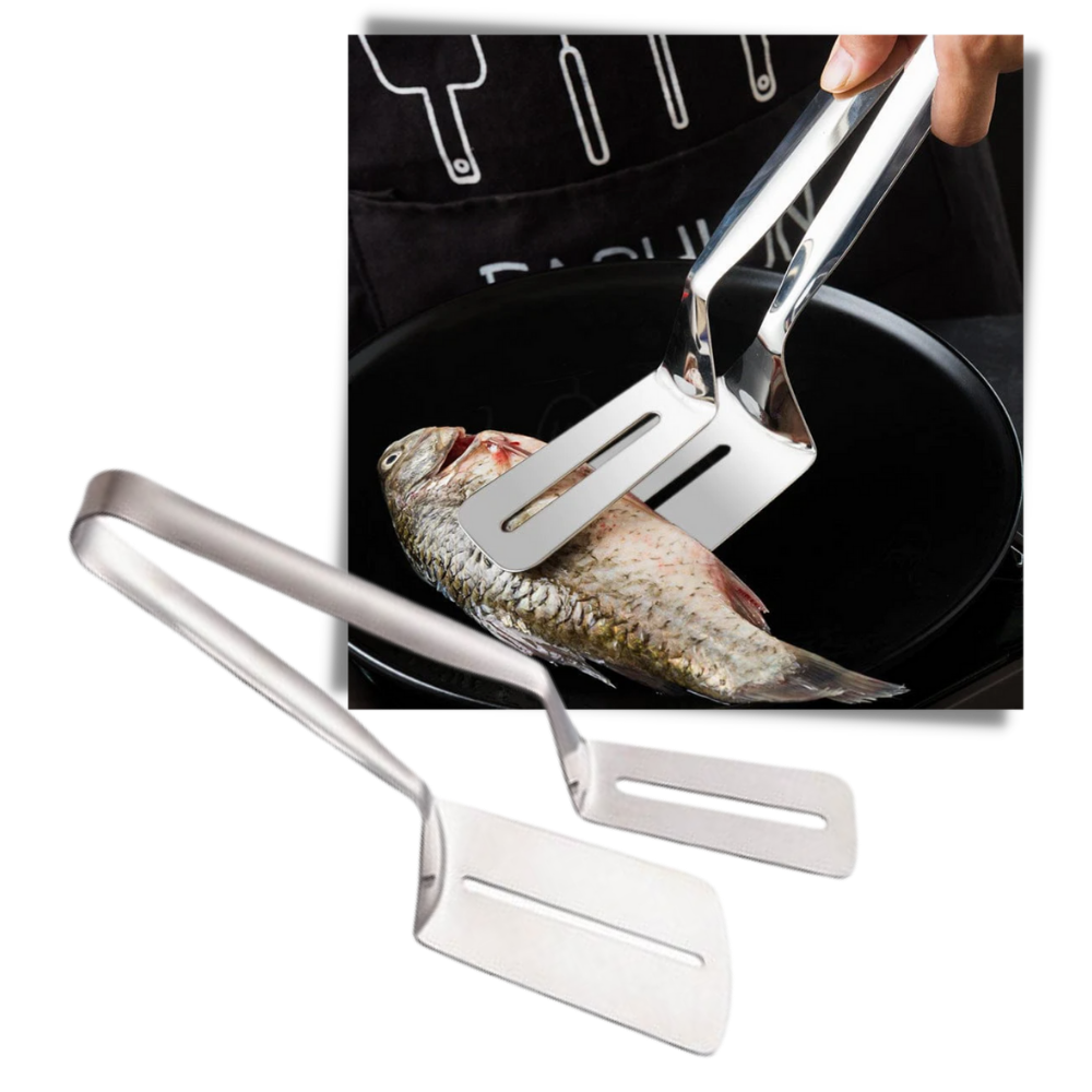 Espátula e pinças de aço inoxidável Jisheng para cozinha, utensílios duráveis para virar e manusear alimentos com facilidade.