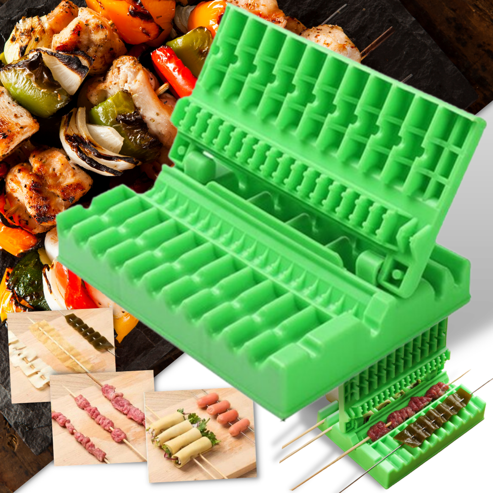 Espetinho e utensílio para kebabs de churrasco, acessório de cozinha da Banggood, com espetos de metal e suporte para grelhar.