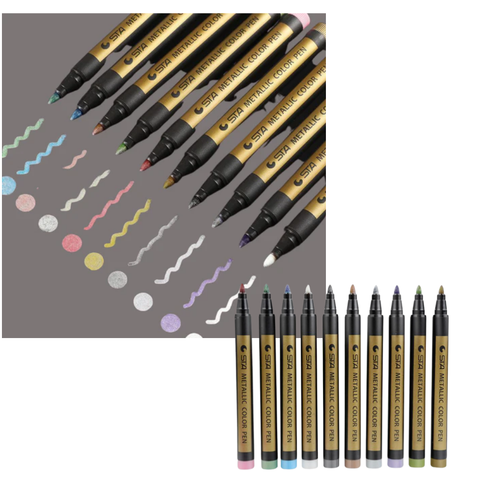 Conjunto de 10 marcadores de cores metálicas Happy Will para escrita e desenho, com diferentes cores vibrantes.