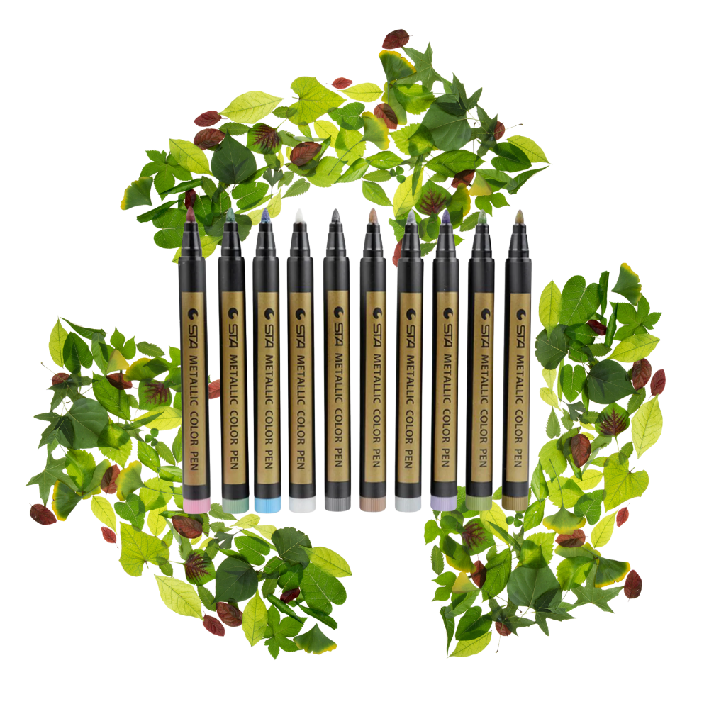 Conjunto de 10 marcadores metálicos da Happy Will para escrita e desenho, com cores brilhantes e acabamento metálico.
