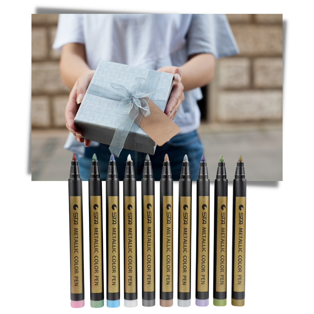 Conjunto de 10 marcadores metálicos coloridos da marca Happy Will para escrita e desenho, em embalagem com 27STYLIO.