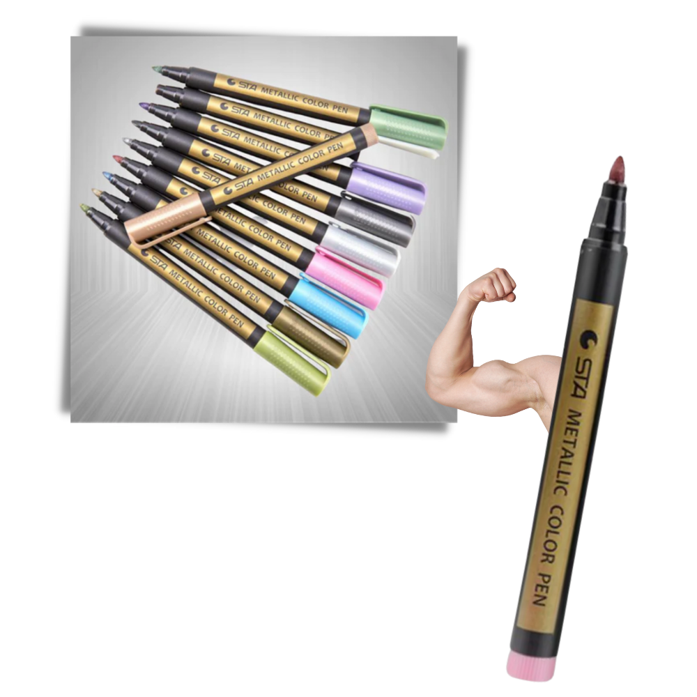 Conjunto de 10 marcadores metálicos coloridos Happy Will para escrita e desenho, com pontas finas e acabamento brilhante