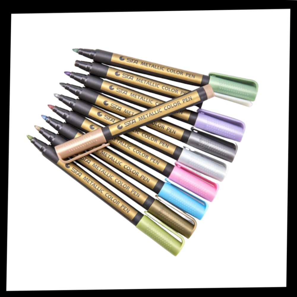 Conjunto de 10 marcadores metálicos coloridos da marca Happy Will para escrita e desenho, com pontas finas e brilhantes