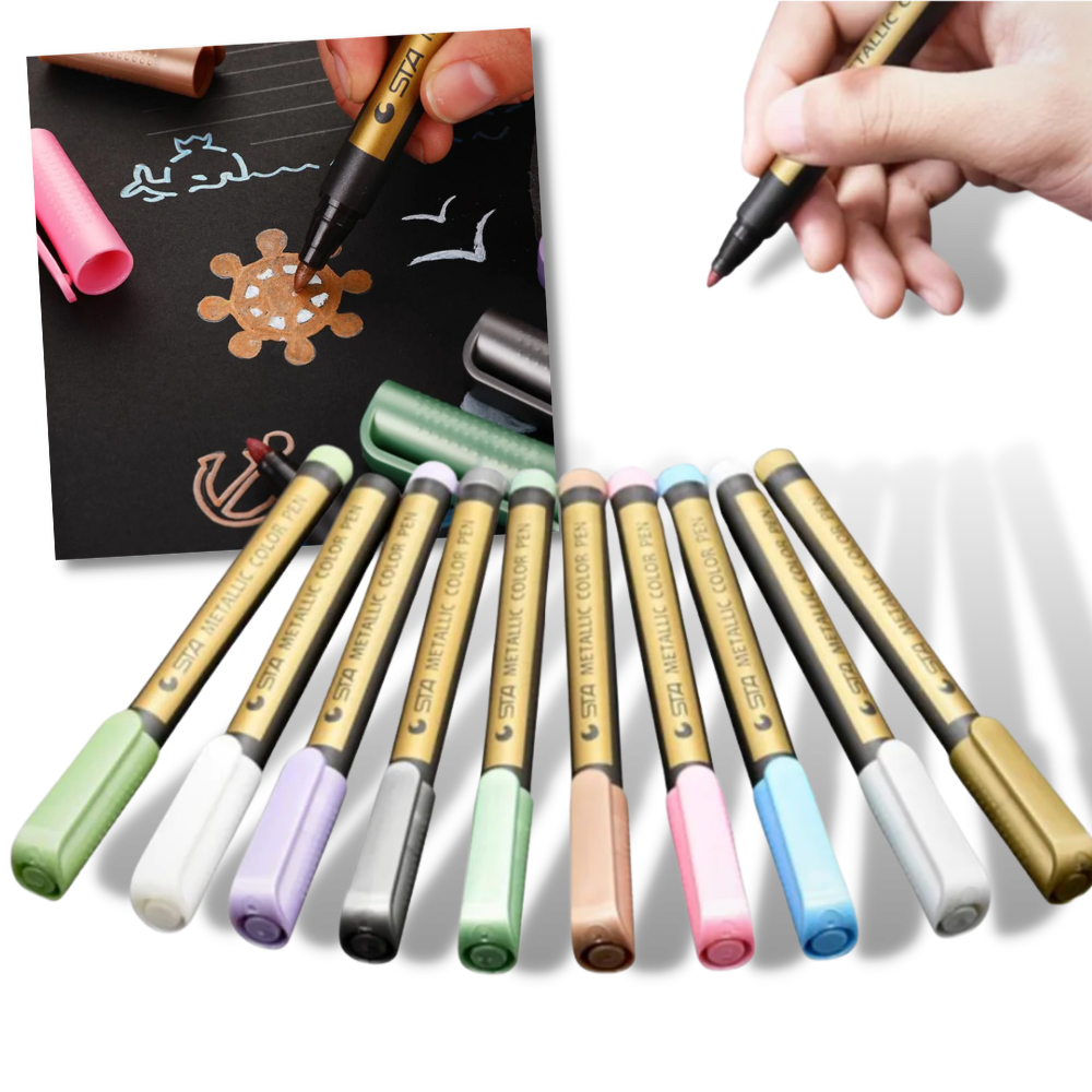 Conjunto de 10 marcadores metálicos coloridos Happy Will para escrita e desenho, com pontas finas e cores vibrantes