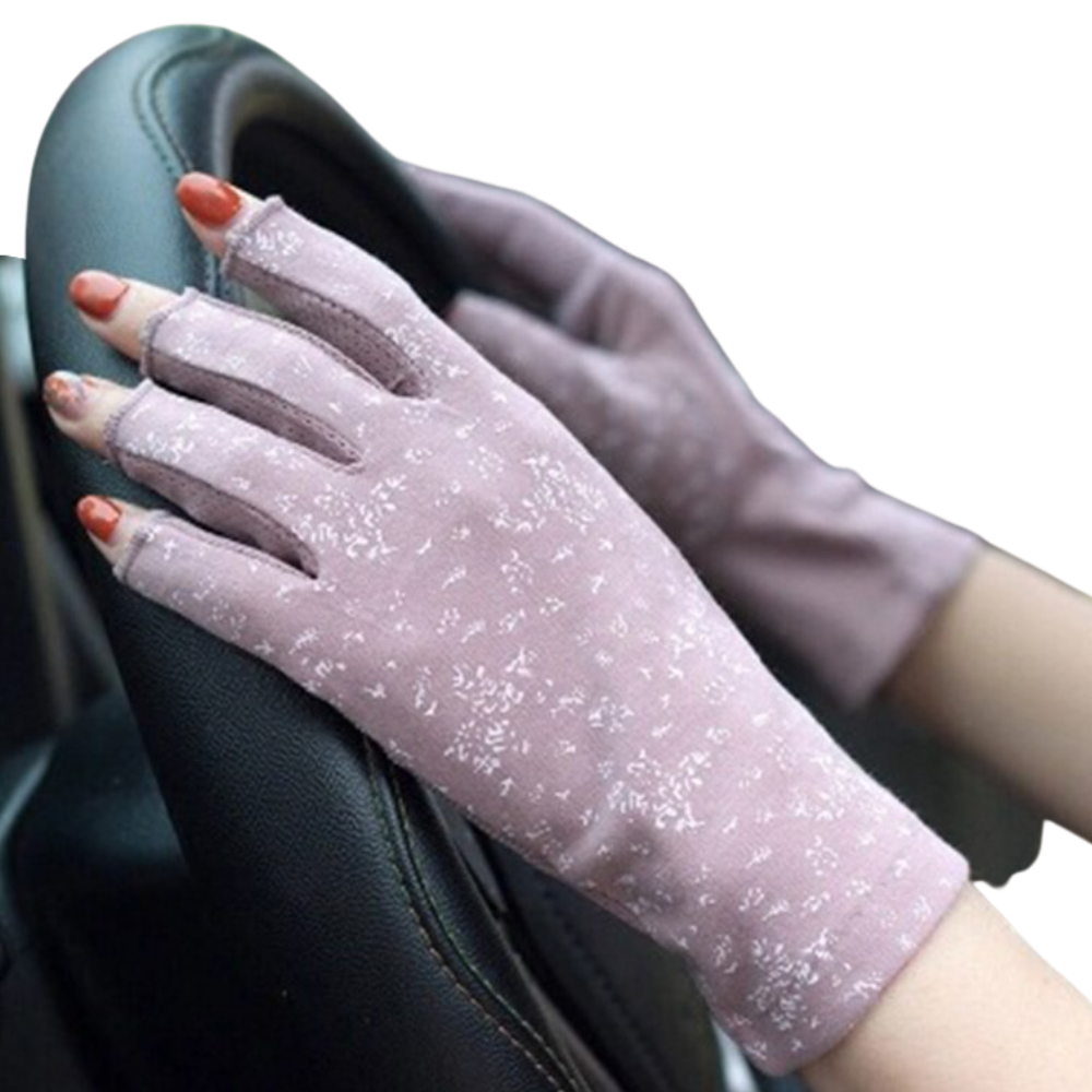 Luot luvas elegantes de algodão anti-UV na cor roxa, proteção solar para as mãos, com design sofisticado e confortável.