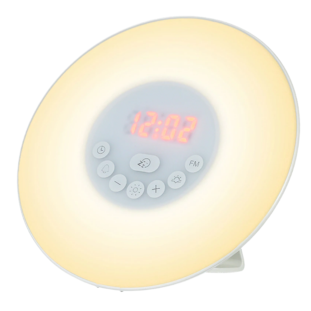 Relógio despertador com luz de nascer do sol da marca Cvb Inc, mostrando a tela e o design compacto do produto.